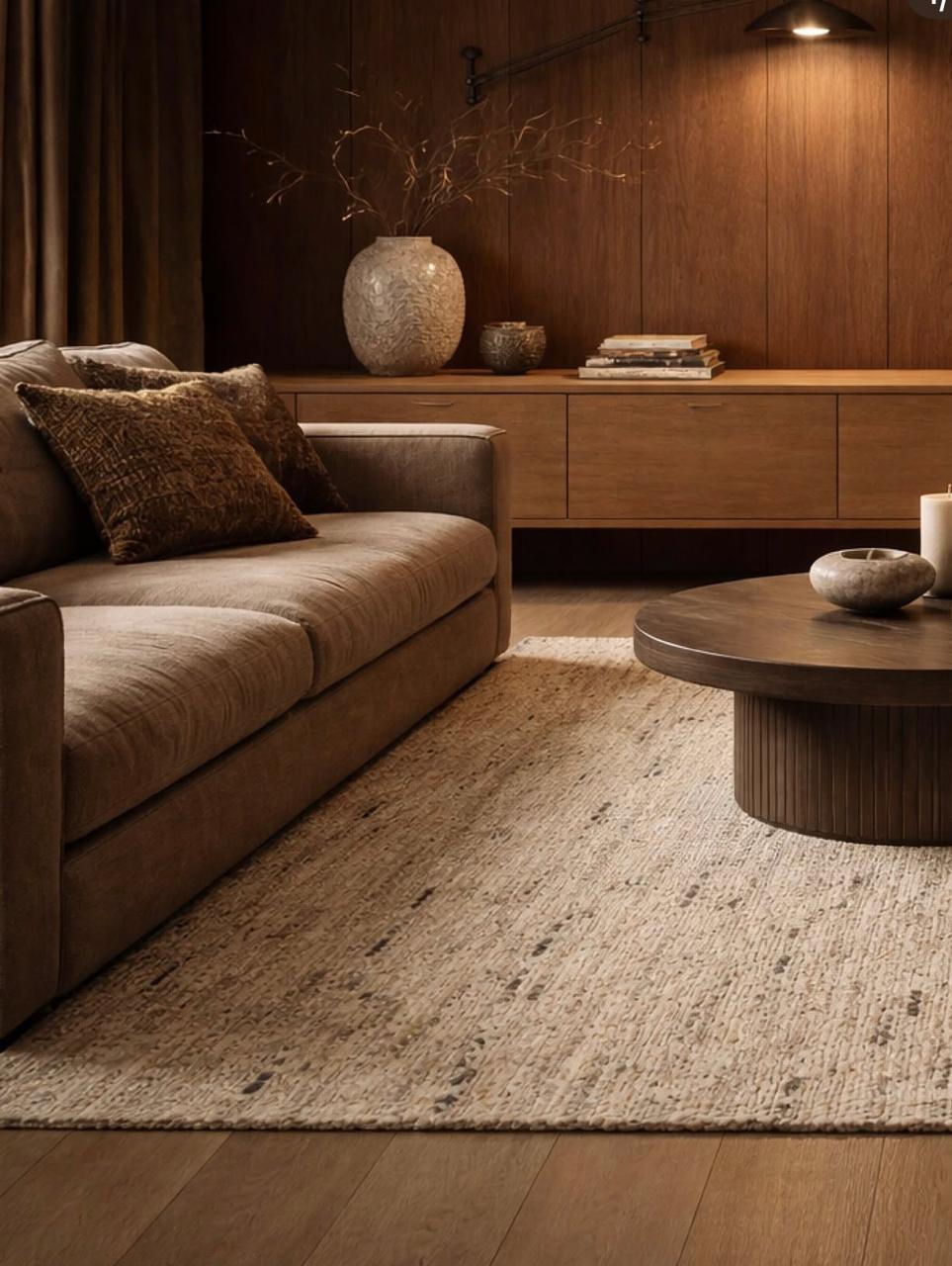 Living em tons quentes com sofá marrom e tapete texturizado